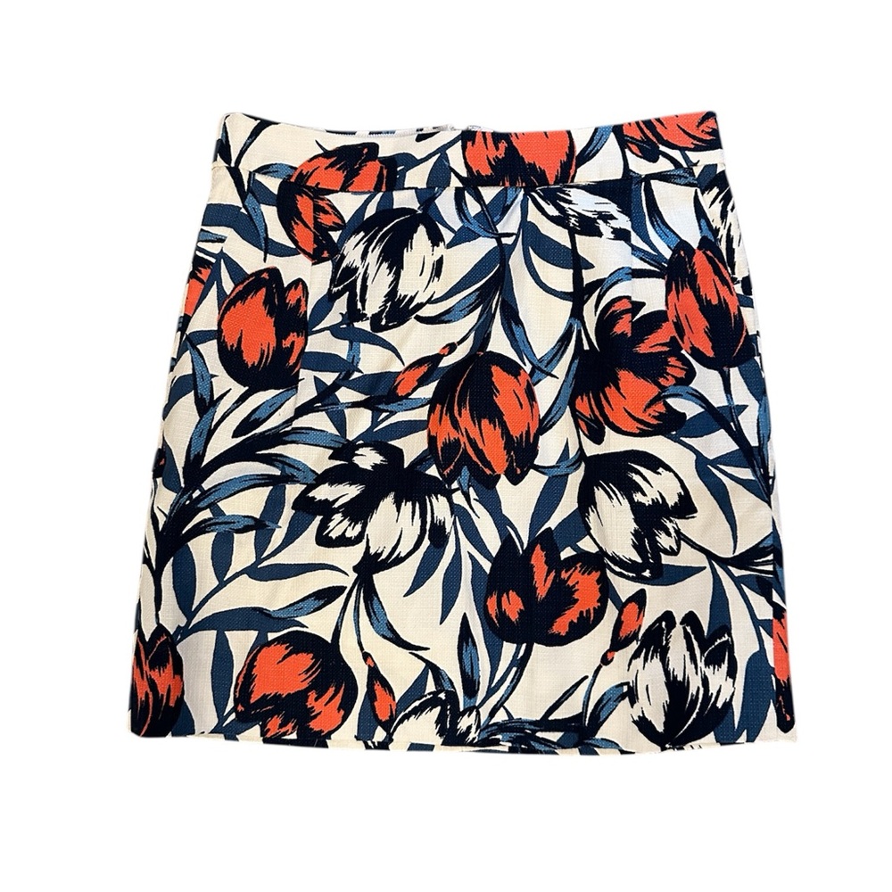 J. Crew Factory Floral Print A-Line Skirt in Cream and Navy with Orange Accents